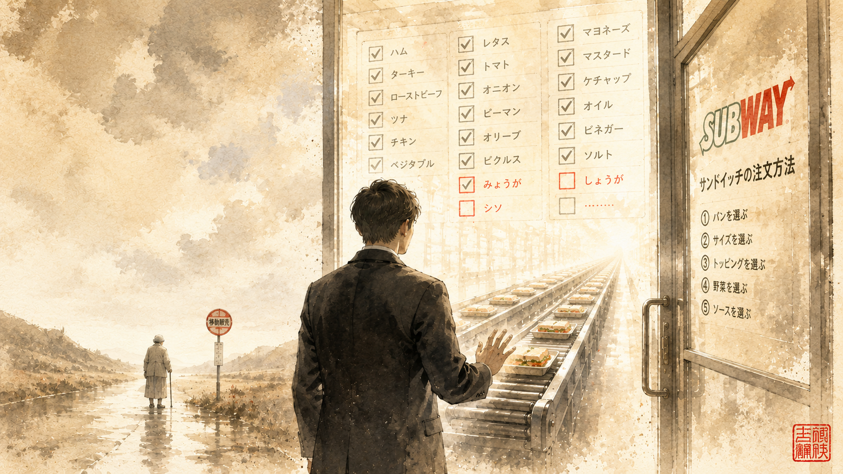 水墨画風のイラスト。スーツ姿の人物が後ろ姿でサブウェイの扉の前に立ち、手を扉にかけたまま立ち止まっている。扉のガラス越しに、ハム・レタス・マヨネーズなど多数のチェックリストと、サンドイッチが並ぶベルトコンベアが見える。左奥には杖をついた老人と「移動販売」の停留所標識が描かれている。右側にSUBWAYのロゴと「サンドイッチの注文方法」の手順が貼られている。右端に「システムは動いている。それでも、入れない。」という文字。羊皮紙色の背景に朱赤のアクセント。