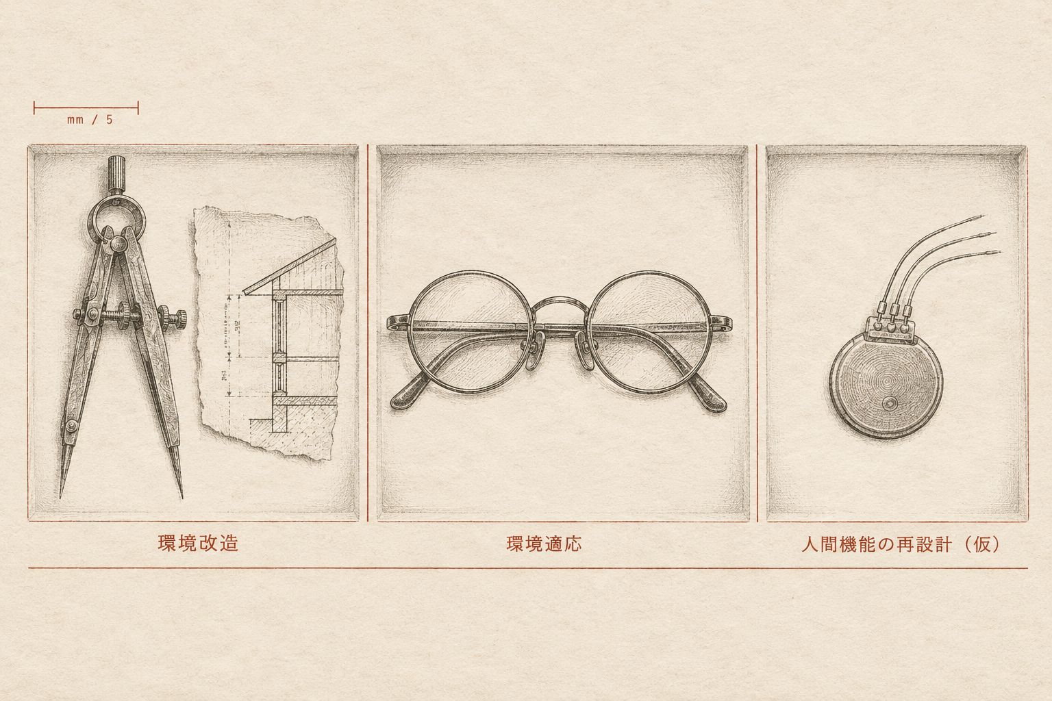 標本箱のように並べられた三つの道具のイラスト。左から、製図用コンパスと建築図面の断片（環境改造）、丸眼鏡（環境適応）、配線のついた円形の小型部品（人間機能の再設計）。